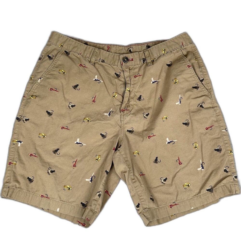 Eddie Bauer Mens 34 Tan Fly Fishing Print Outdoor Shorts Khaki Hiking Camping